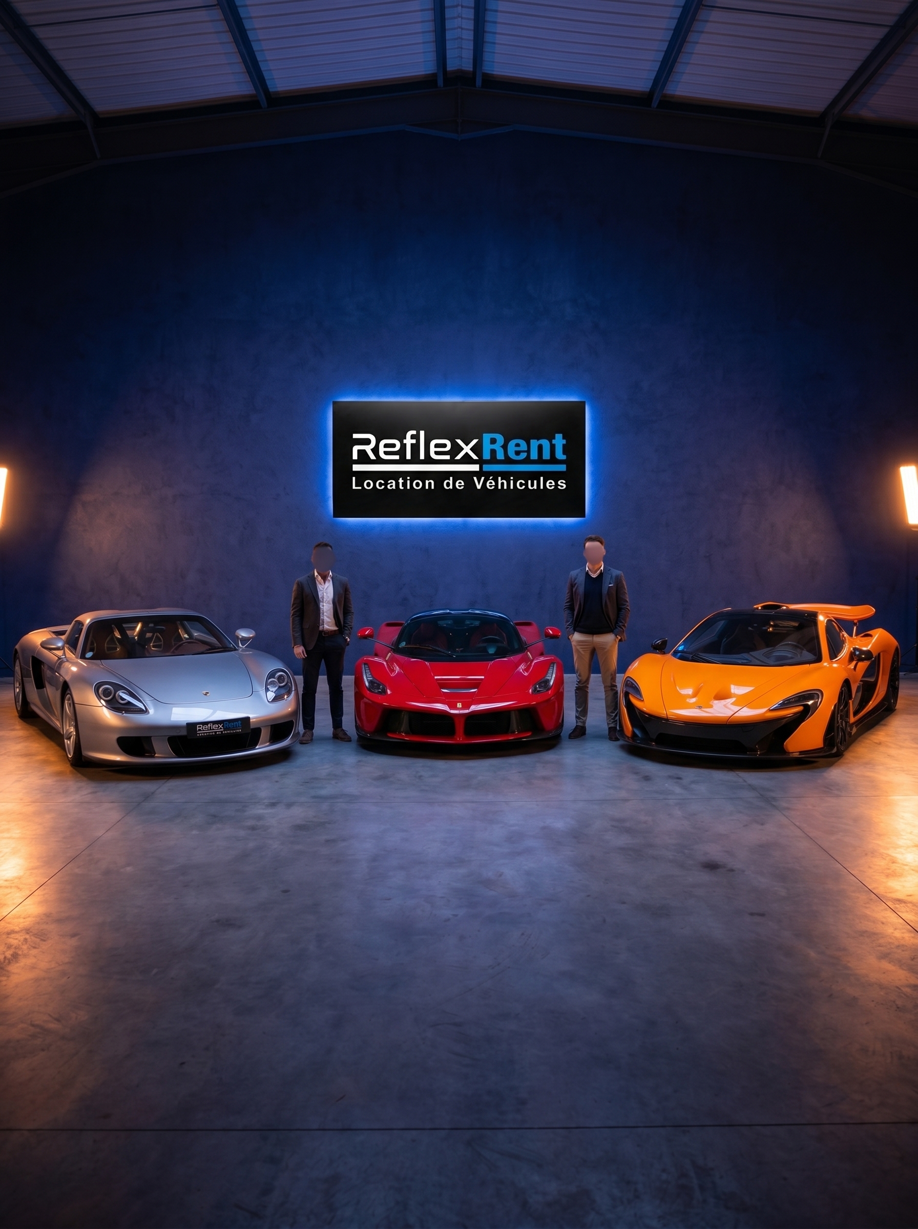 Les fondateurs de ReflexRent dans leur showroom — Porsche Carrera GT, Ferrari LaFerrari, McLaren P1